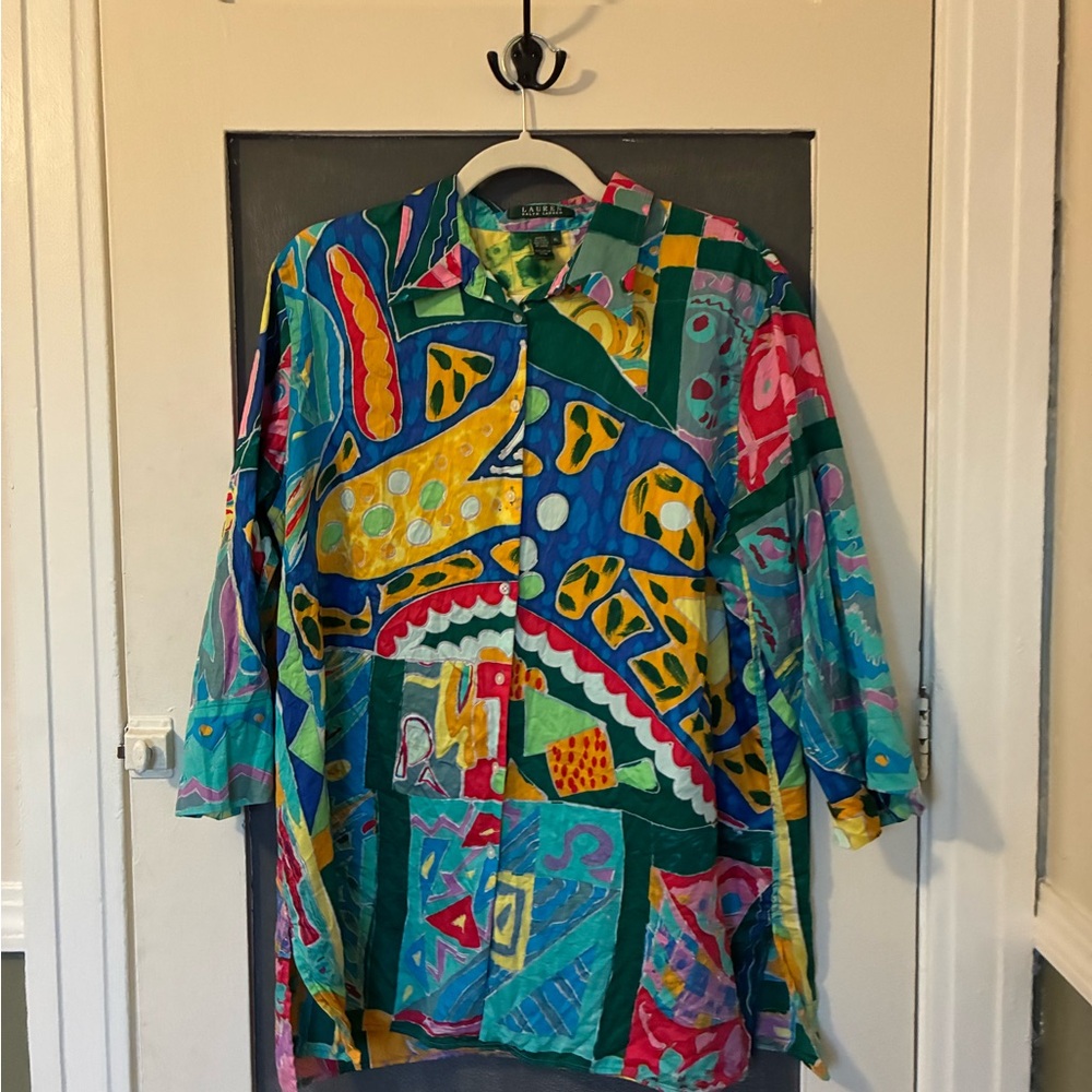 Vintage Lauren by Ralph Lauren Tunic Shirt Colorful Geometric 3/4 Sleeve